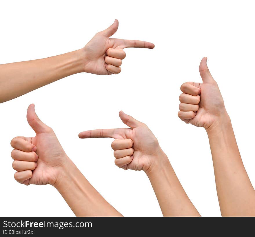 Variety of hands in different poses on white background