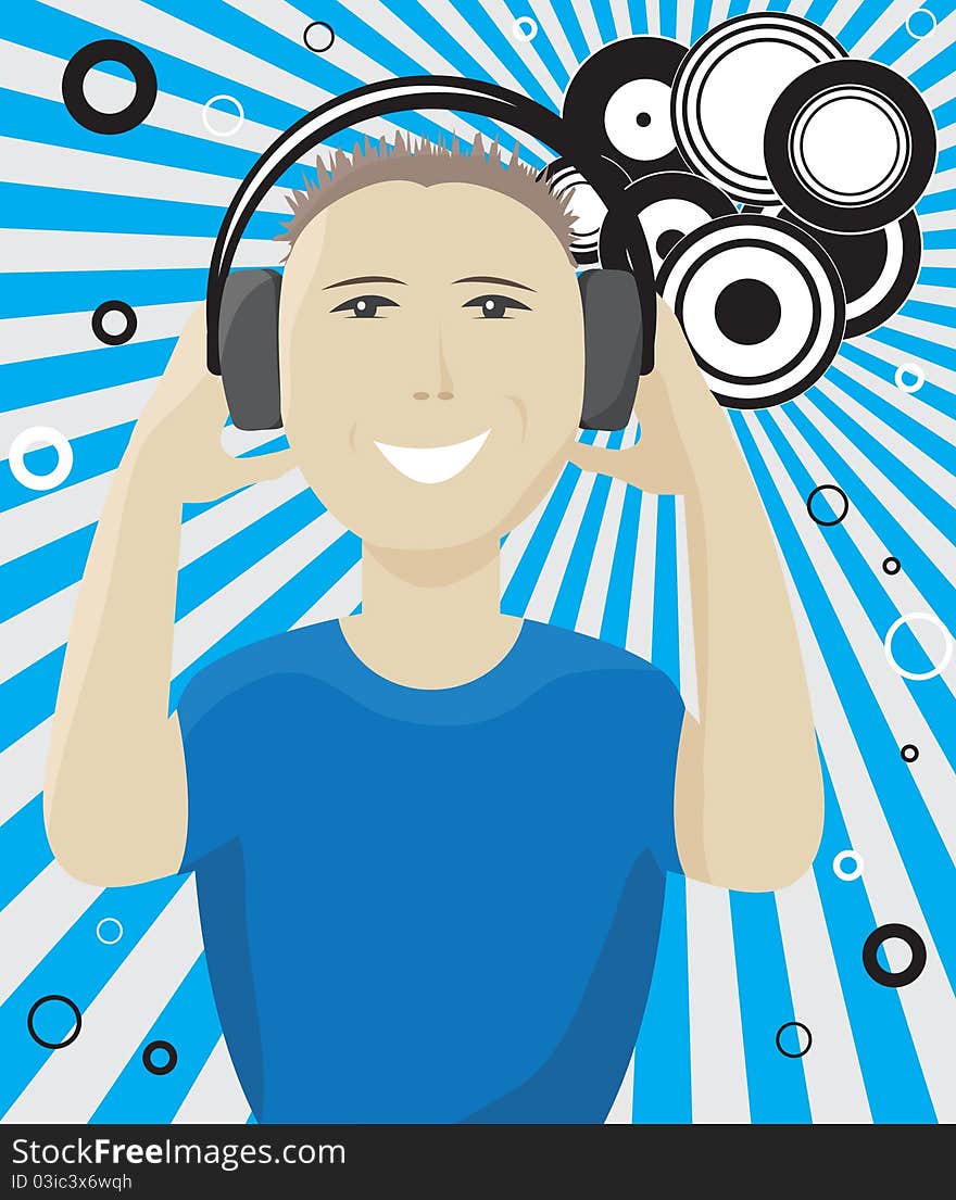 A man with headphones on a blue background. A man with headphones on a blue background