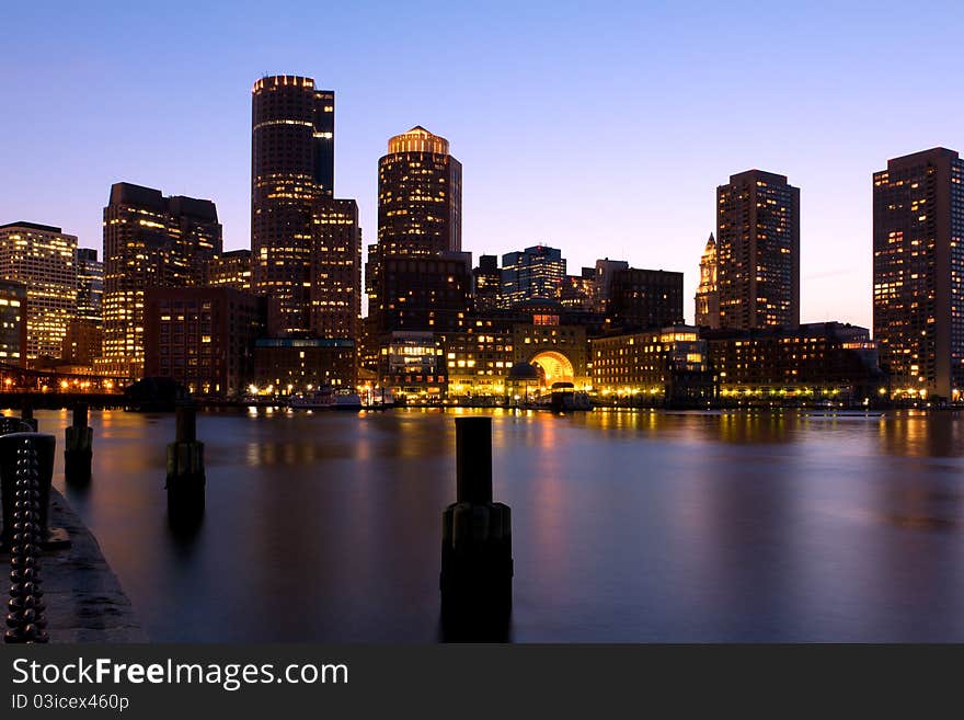 Skyline of Boston Harbor at Dusk in Massachusetts. Skyline of Boston Harbor at Dusk in Massachusetts.