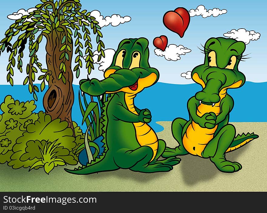 Two Crocodilie - Cartoon Background Illustration, Bitmap