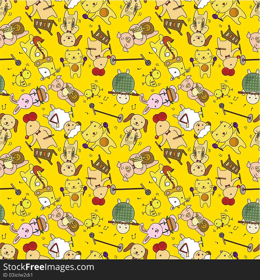 Seamless cartoon animal play music pattern