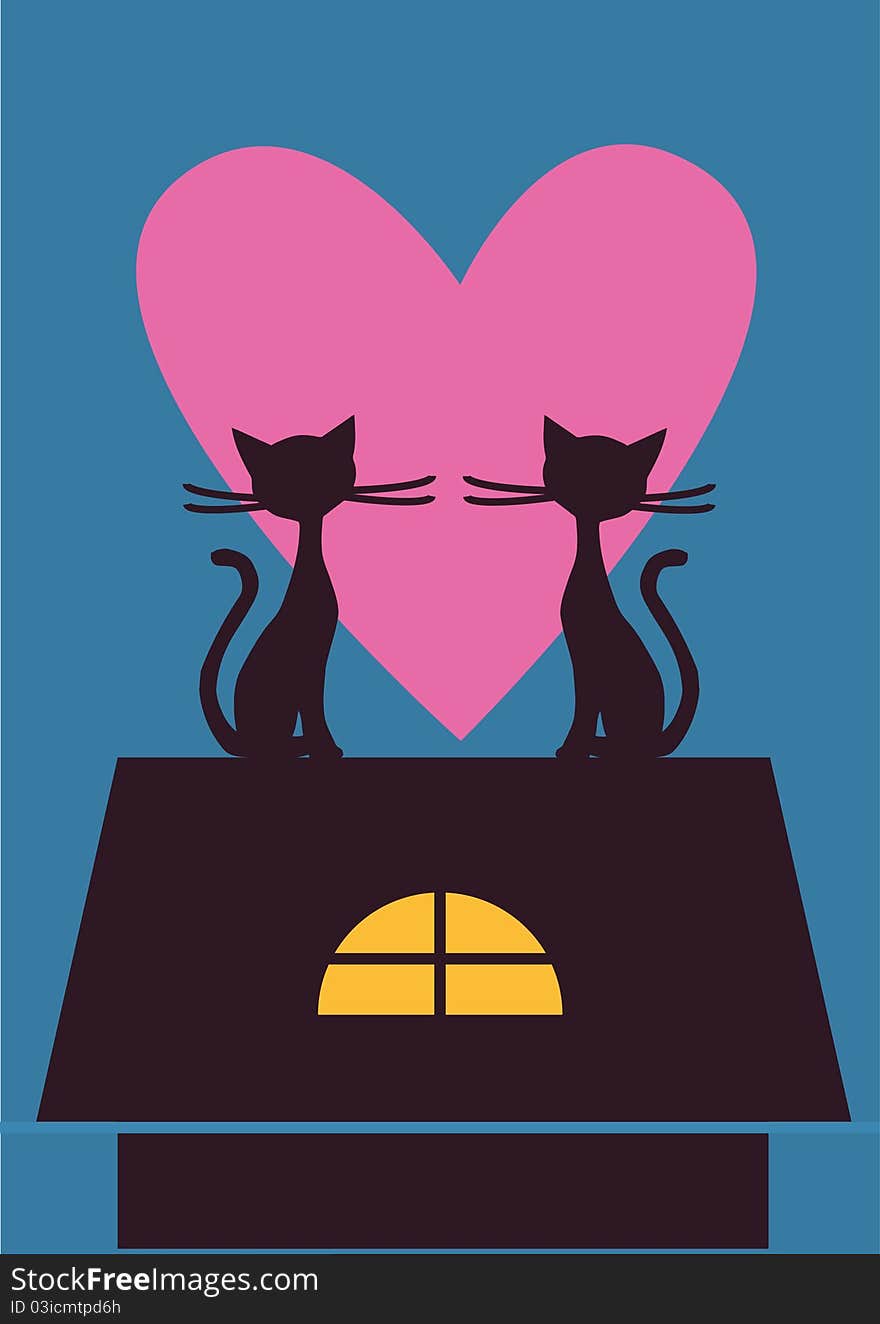 Illustration of two cats in love sitting on the top of the roof. Illustration of two cats in love sitting on the top of the roof