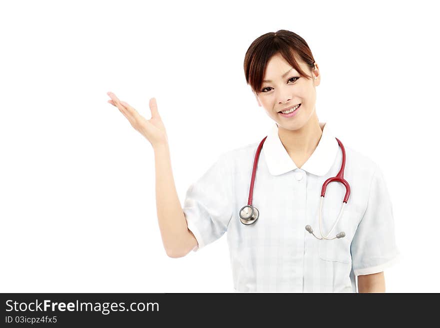 Young japanese female nurse hand showing blank sign. Young japanese female nurse hand showing blank sign