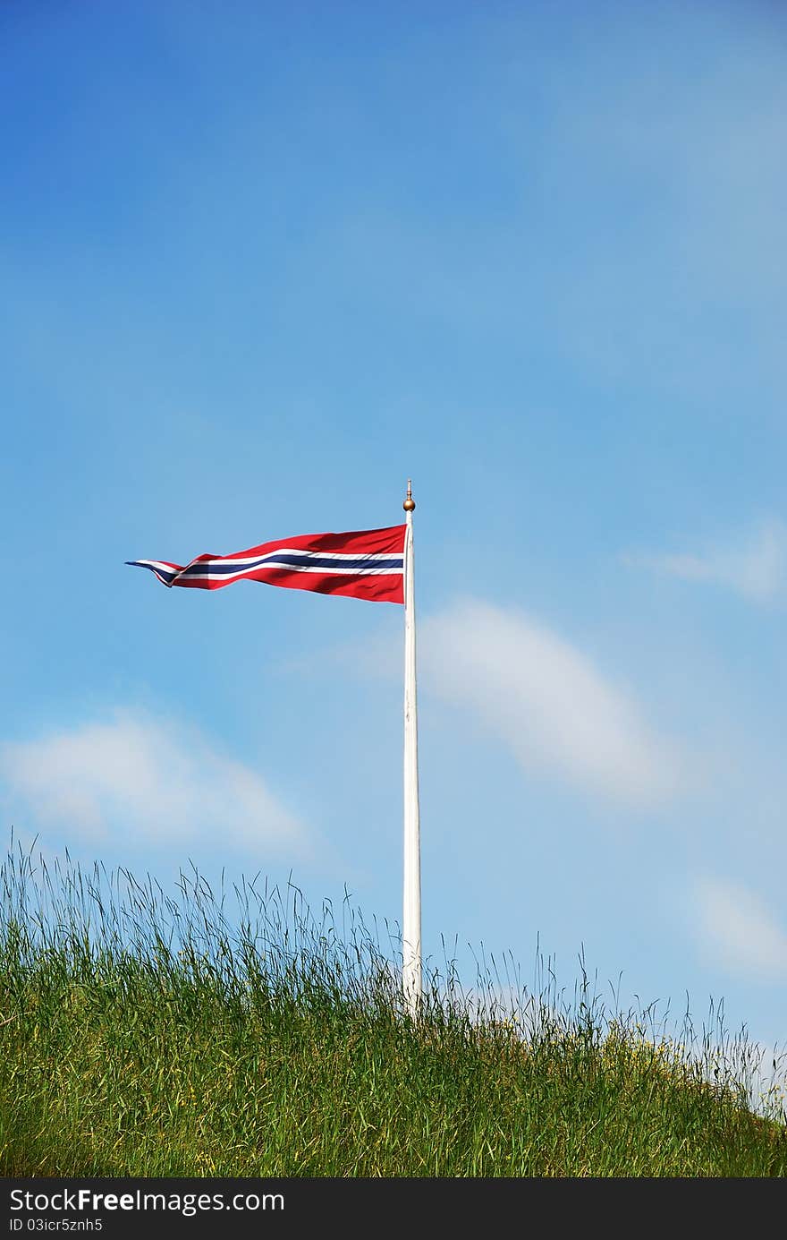 Norwegian flag flying on the green roof