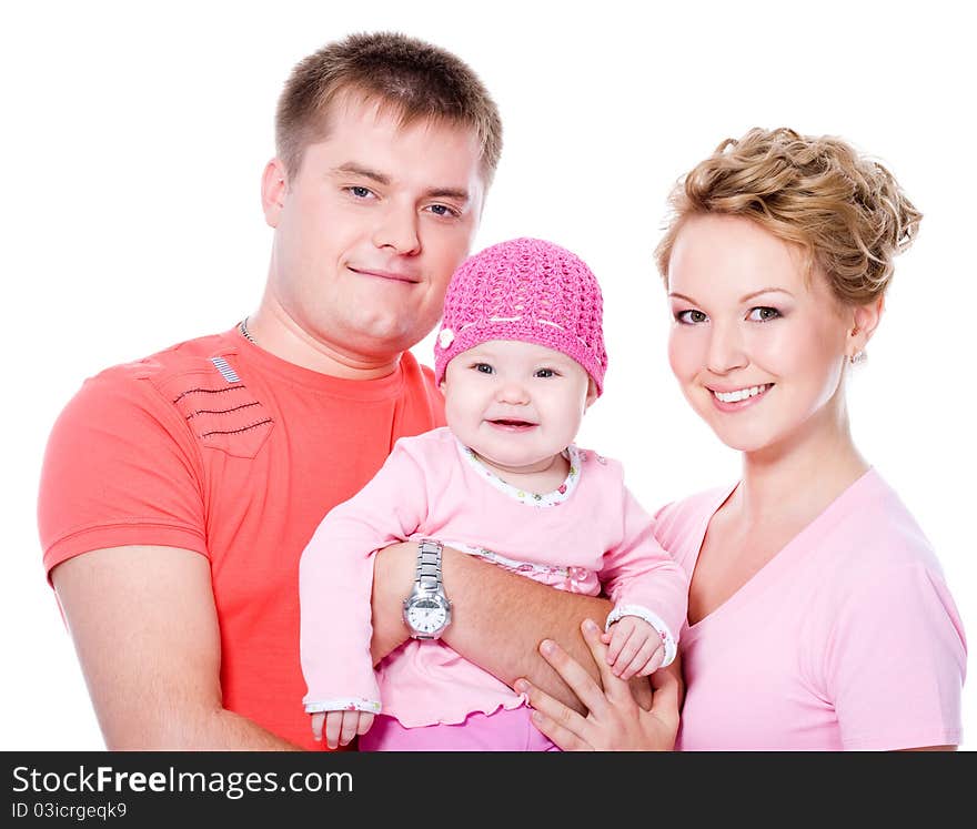 Happy young famile with beautiful baby on white background