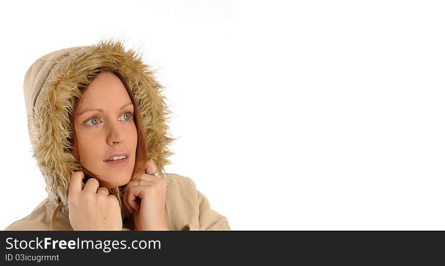 Young woman wearing winter clothes. Isolated over white.