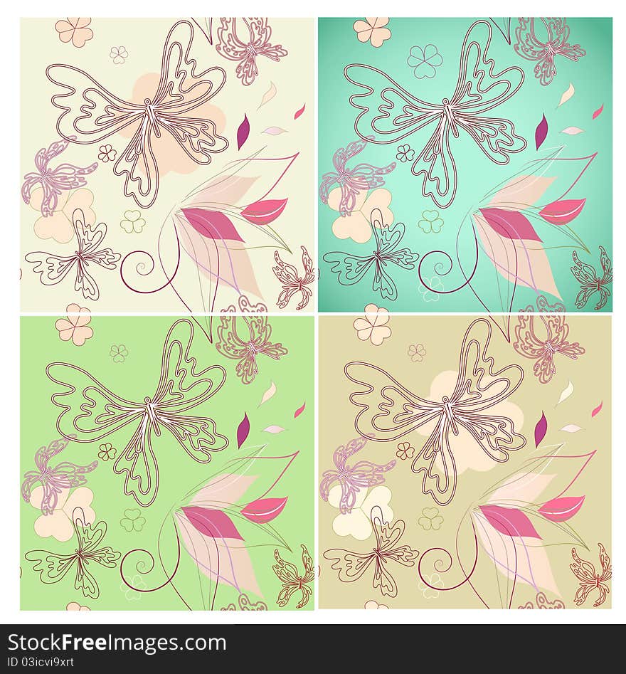 Four seamless floral background with butterfly and dutch clover. Four seamless floral background with butterfly and dutch clover