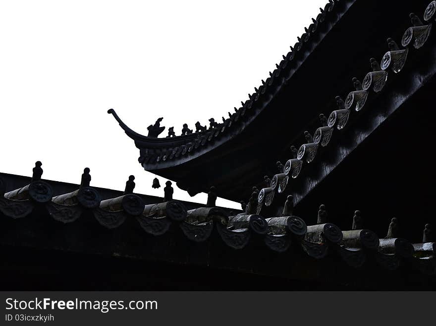 A corner of temple, the roof of temple,there are some praying Shiren