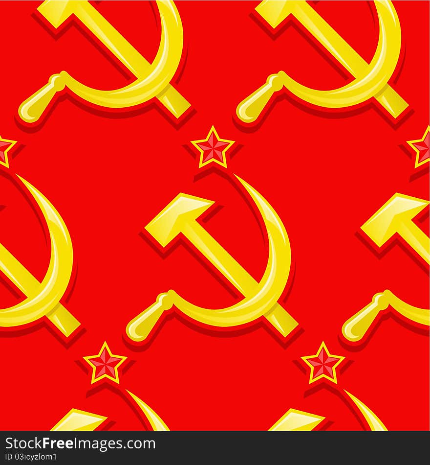 Seamless pattern or wallpaper with the symbol of the communistic russia, the soviet union, the hammer and the sickle on red background. Seamless pattern or wallpaper with the symbol of the communistic russia, the soviet union, the hammer and the sickle on red background