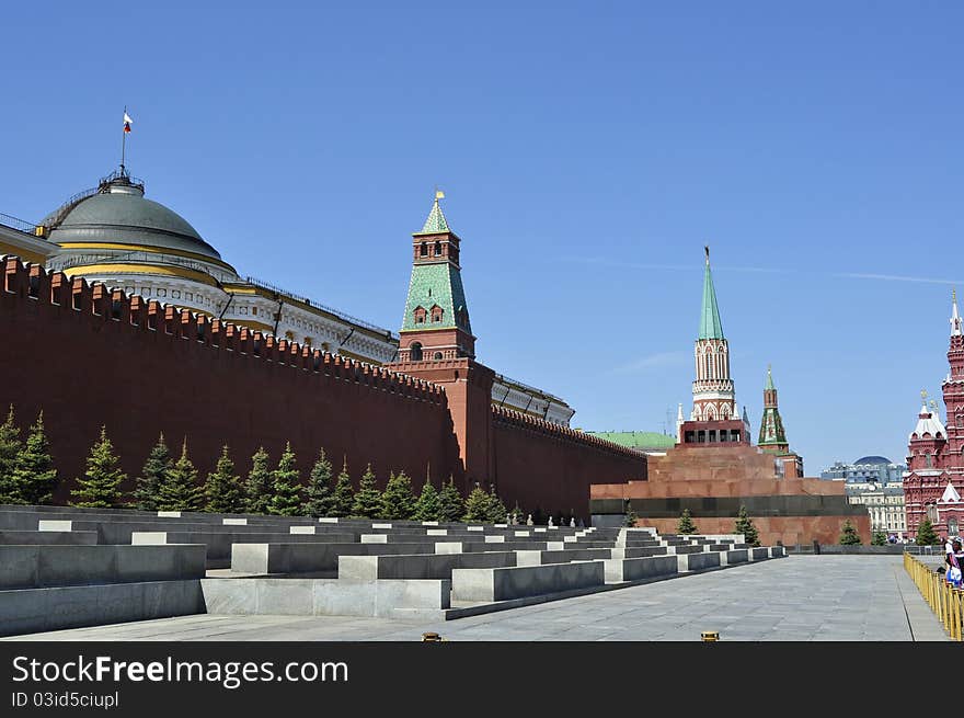 View of the Lenin Mausoleum and the wall on Red Square, Kremlin. View of the Lenin Mausoleum and the wall on Red Square, Kremlin