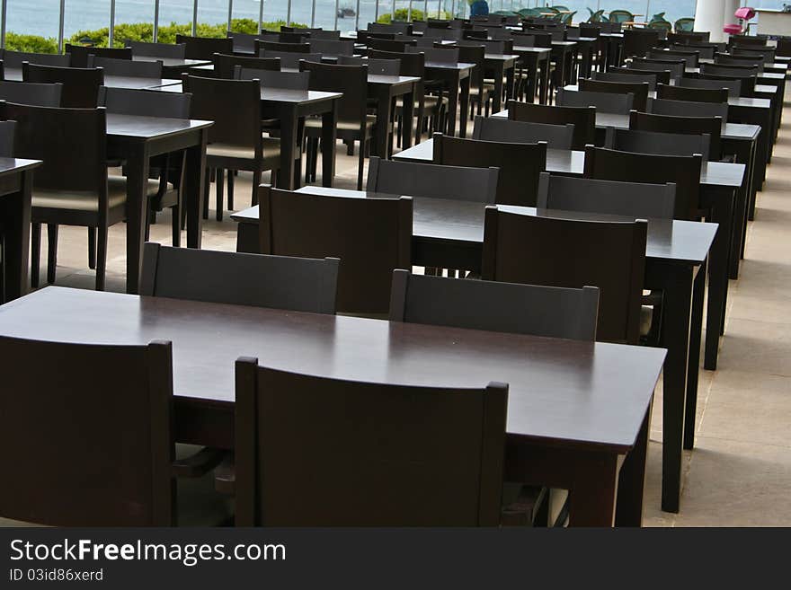Close- up view of the tables and chairs of an outdoor restaurant in Turkey