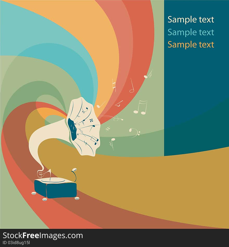 Vector retro colored gramophone with notes