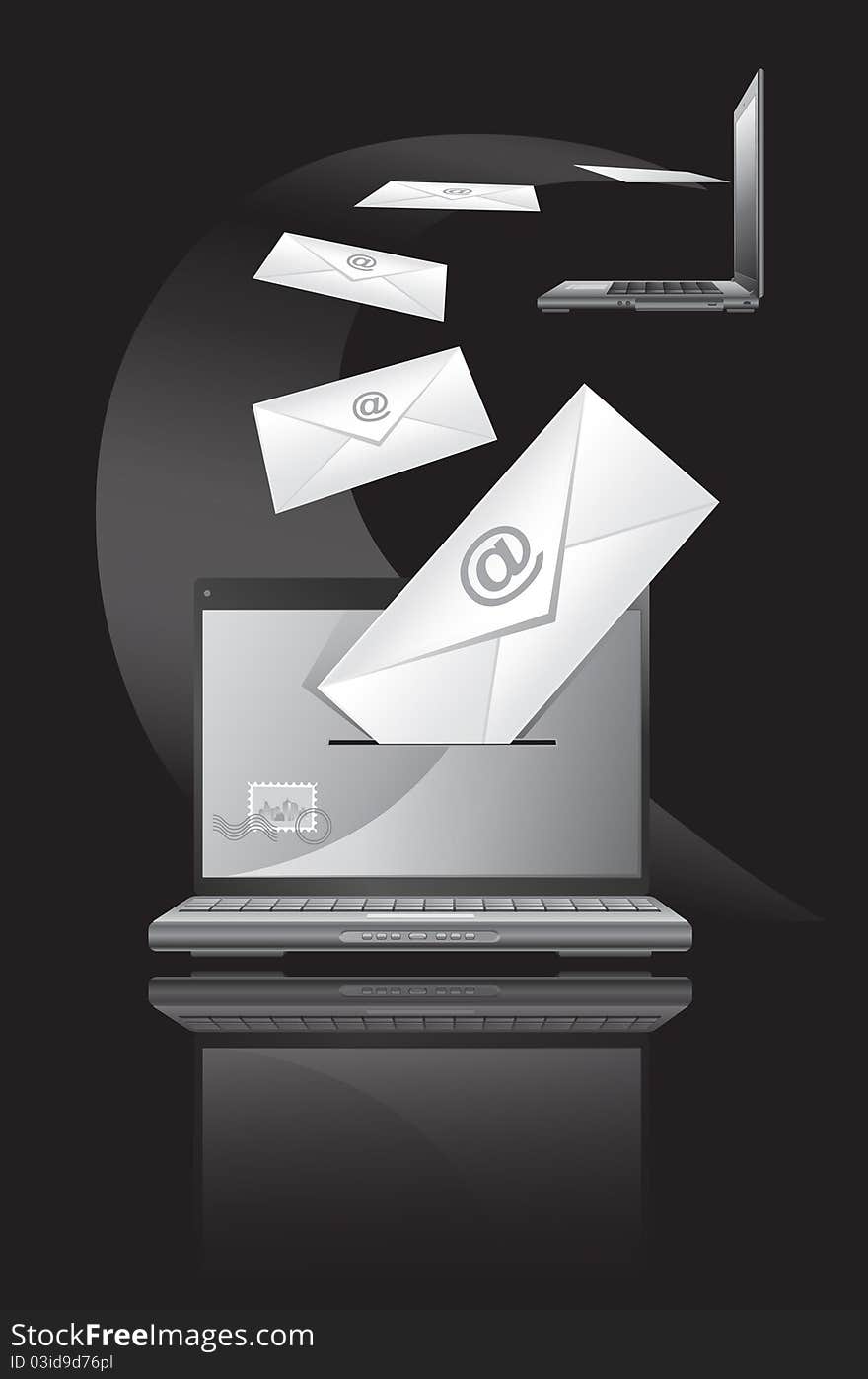 Computer and mailers on the black background