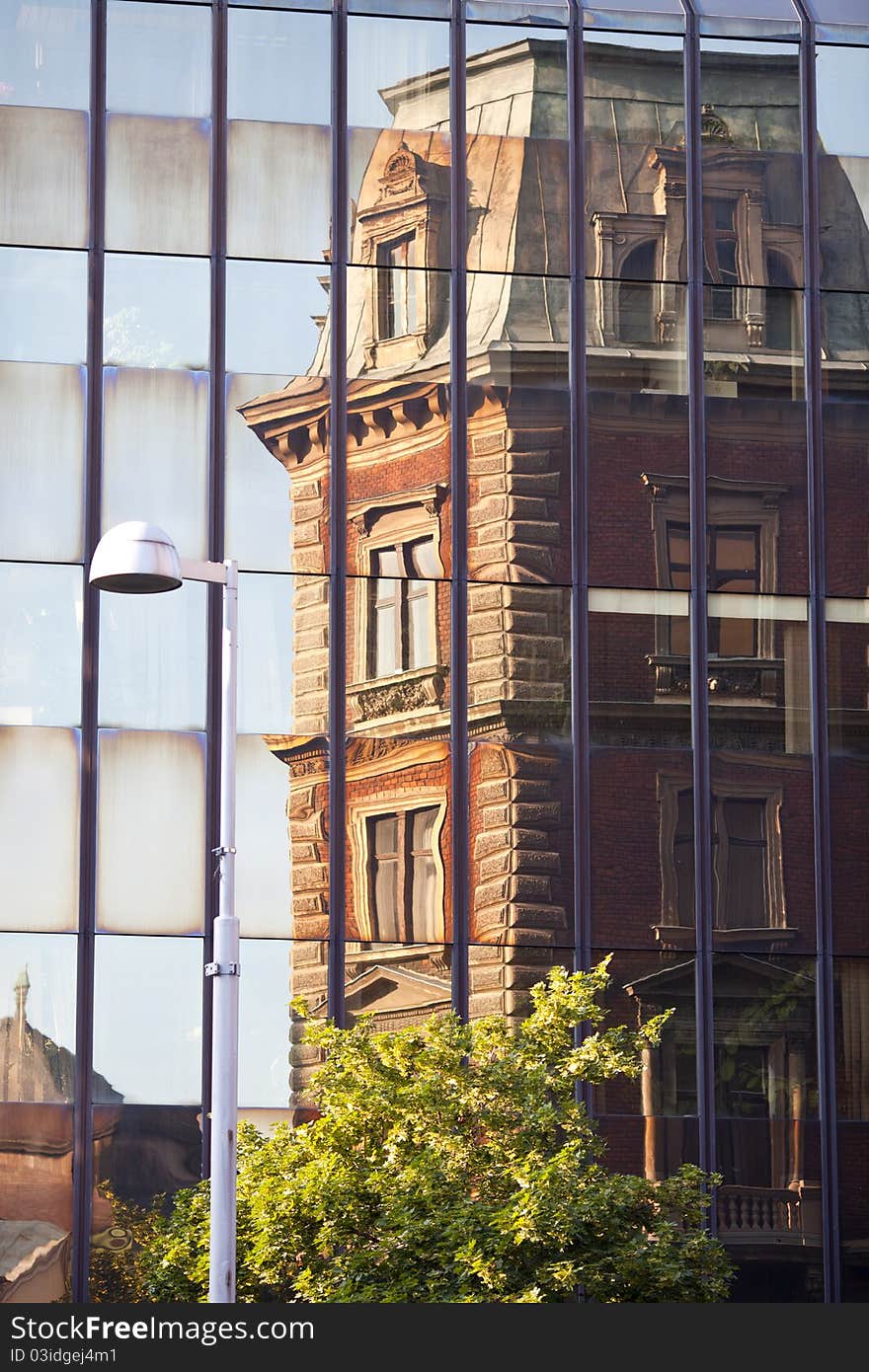 Beautiful building and reflection on glass and modern building. Beautiful building and reflection on glass and modern building