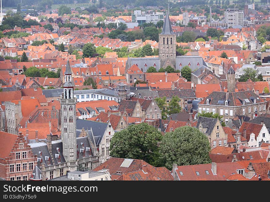 The bruges landmarks represented by the medieval churches seen from the Town hall Tower.