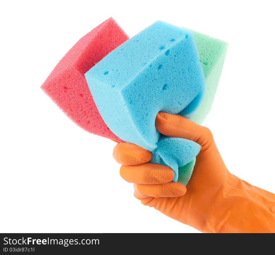 Hand in glove holding washing sponges, isolated over white