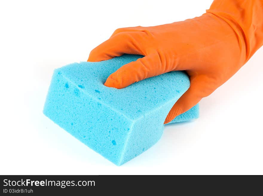 Hand in orange glove with sponge isolated on white background