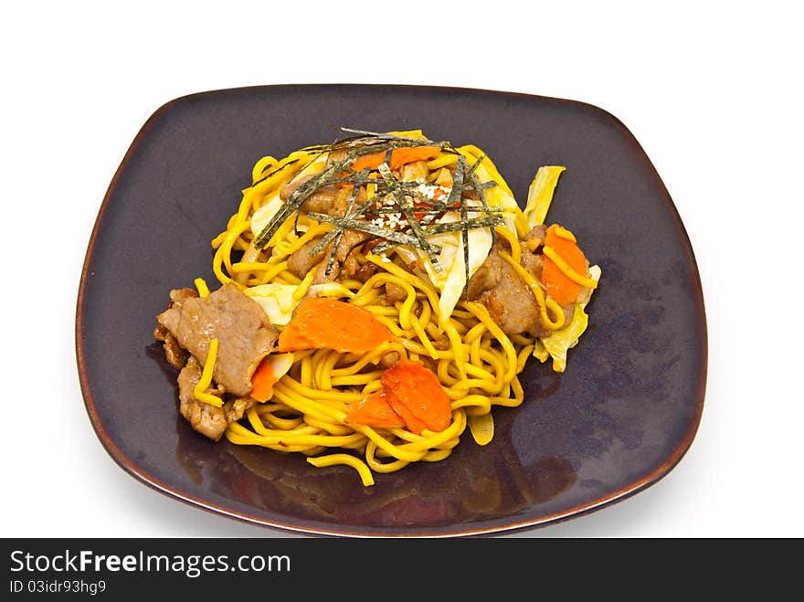 Japanese food style , Noodle in the plate on white background. Japanese food style , Noodle in the plate on white background