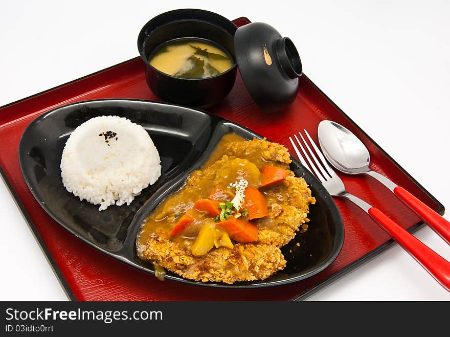 Bento, Japanese food style , fried chicken and rice and soup on white background. Bento, Japanese food style , fried chicken and rice and soup on white background