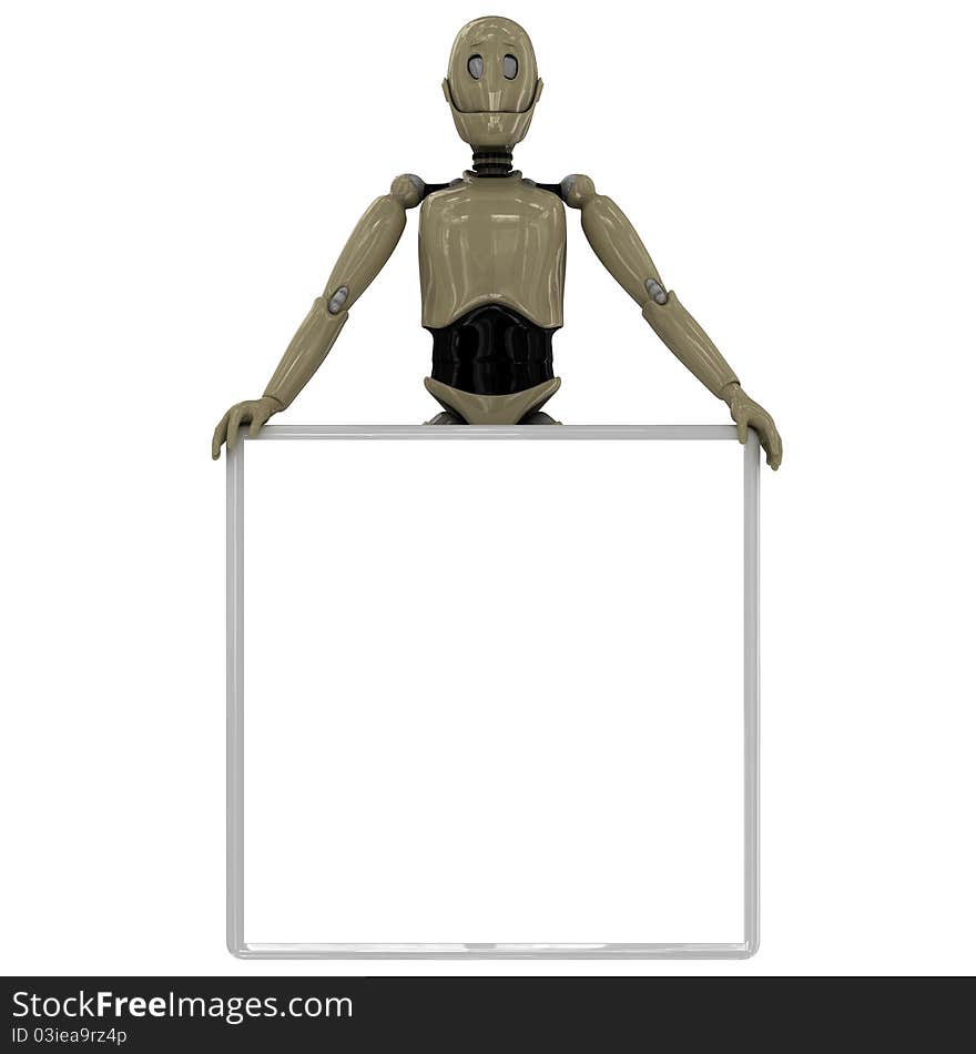 Manikin robot holding whiteboard in front of him. Manikin robot holding whiteboard in front of him