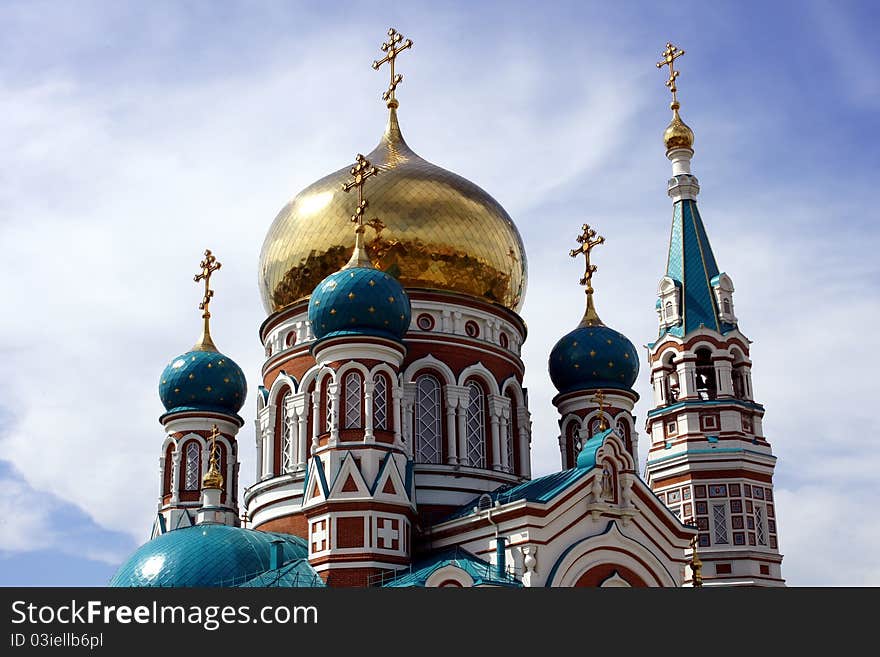 Big White church and blue sky, background, Russia