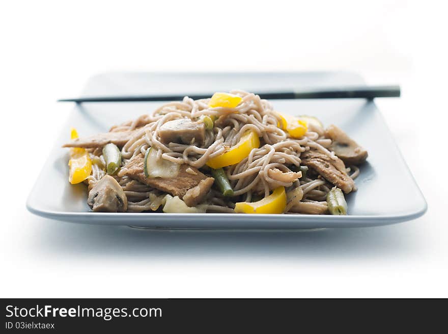 Noddles and pork with vegetables. Noddles and pork with vegetables