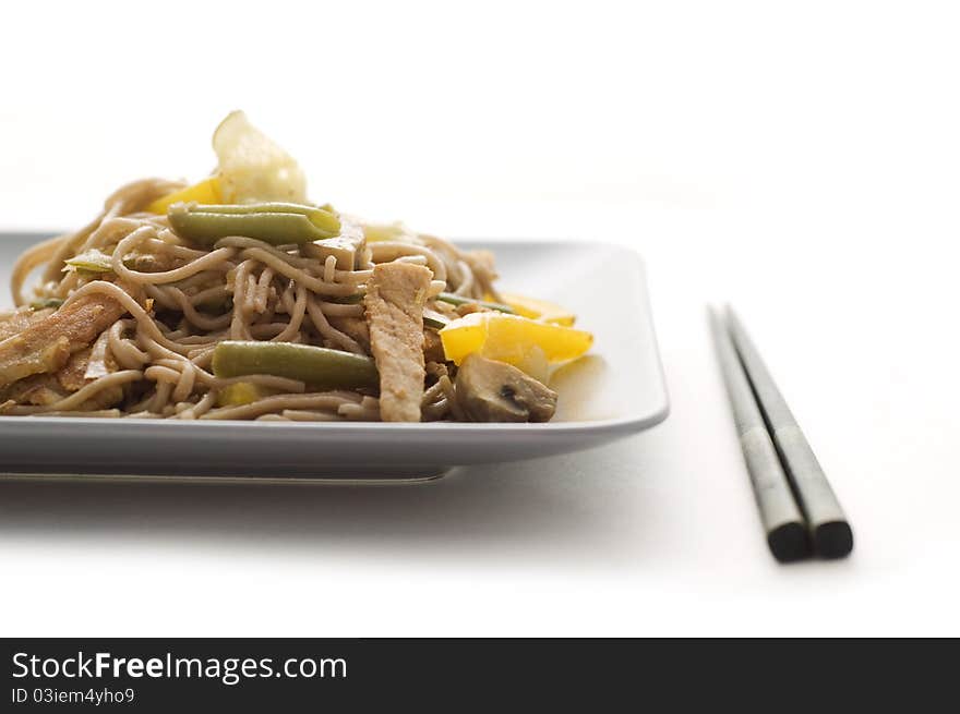 Noddles and pork with vegetables. Noddles and pork with vegetables