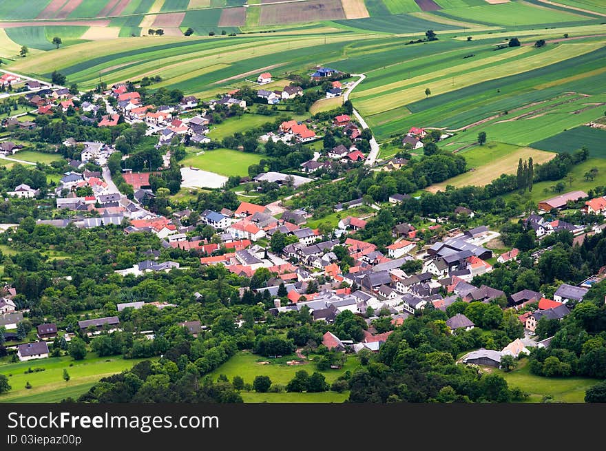 A small town sorrunded by fields in Austria