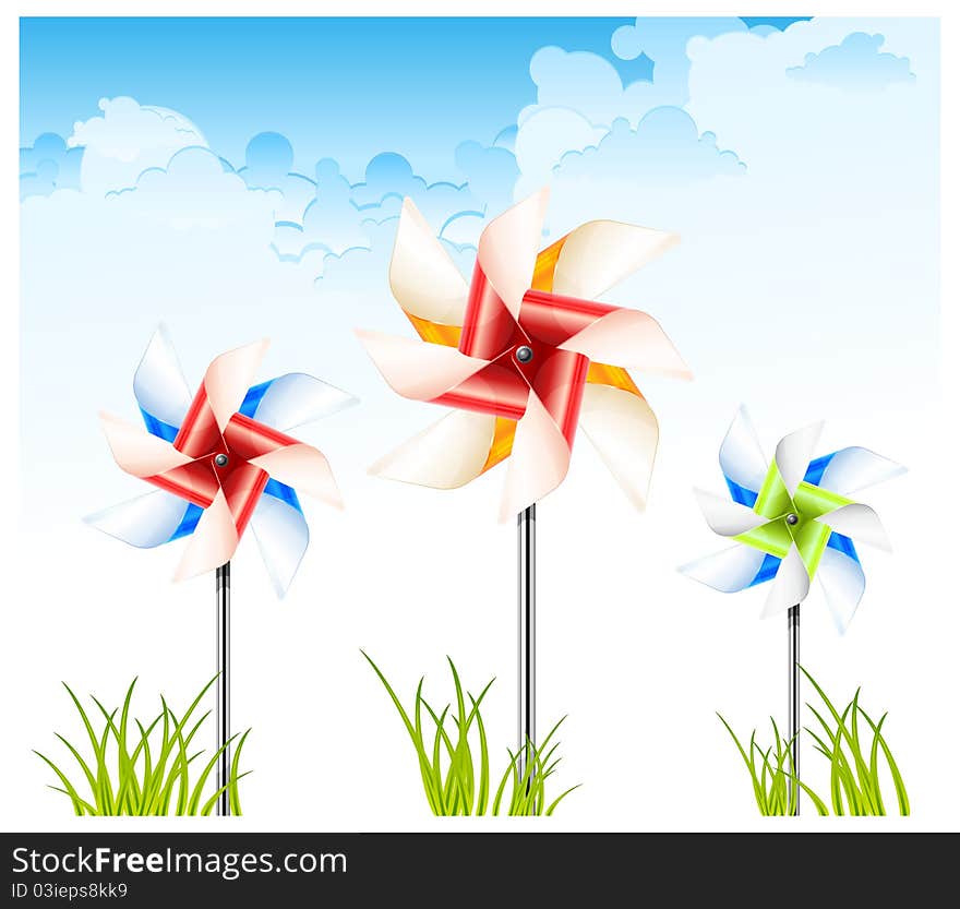 Three color pinwheel toys on sky background, illustration. Three color pinwheel toys on sky background, illustration