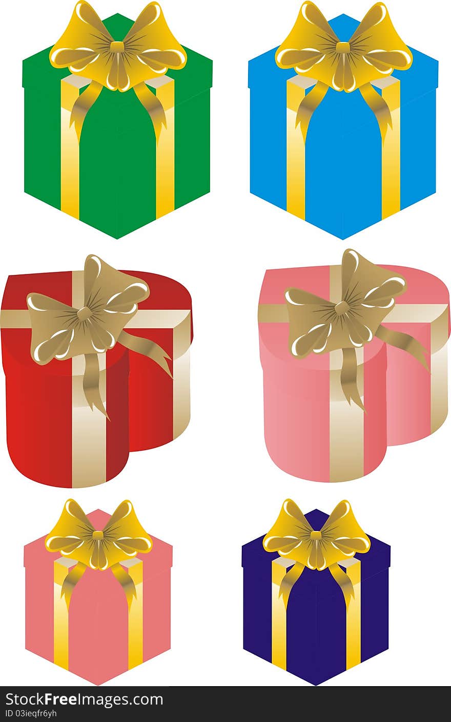 Gift boxes of blue, red, green, pink with yellow and gold ribbons, the