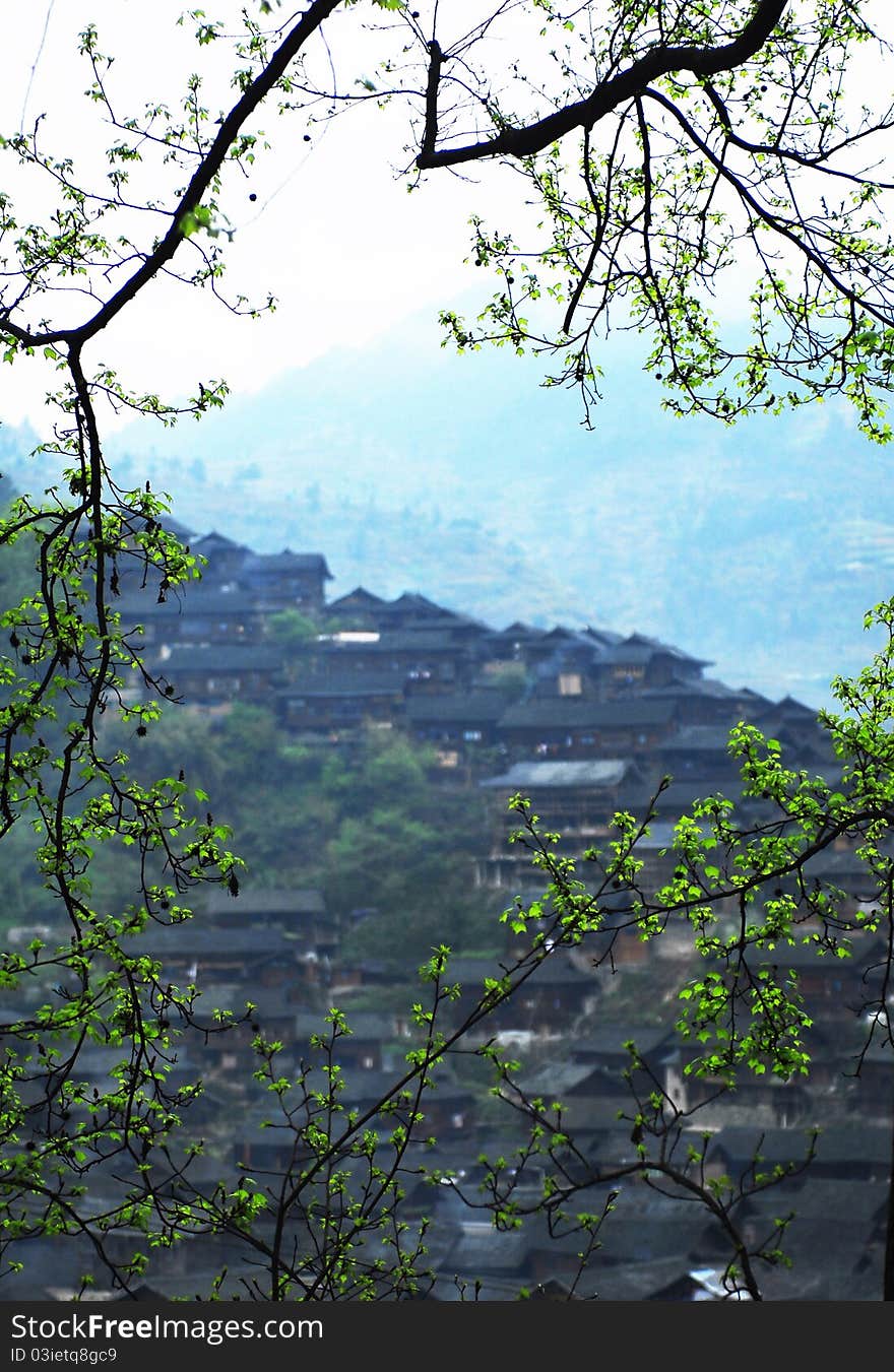 In spring's Miao Zhai village in a mountainous area. In spring's Miao Zhai village in a mountainous area