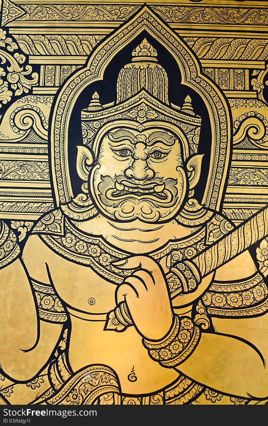 Ancient Thai style art painting on wall in Buddha Temple in Thailand