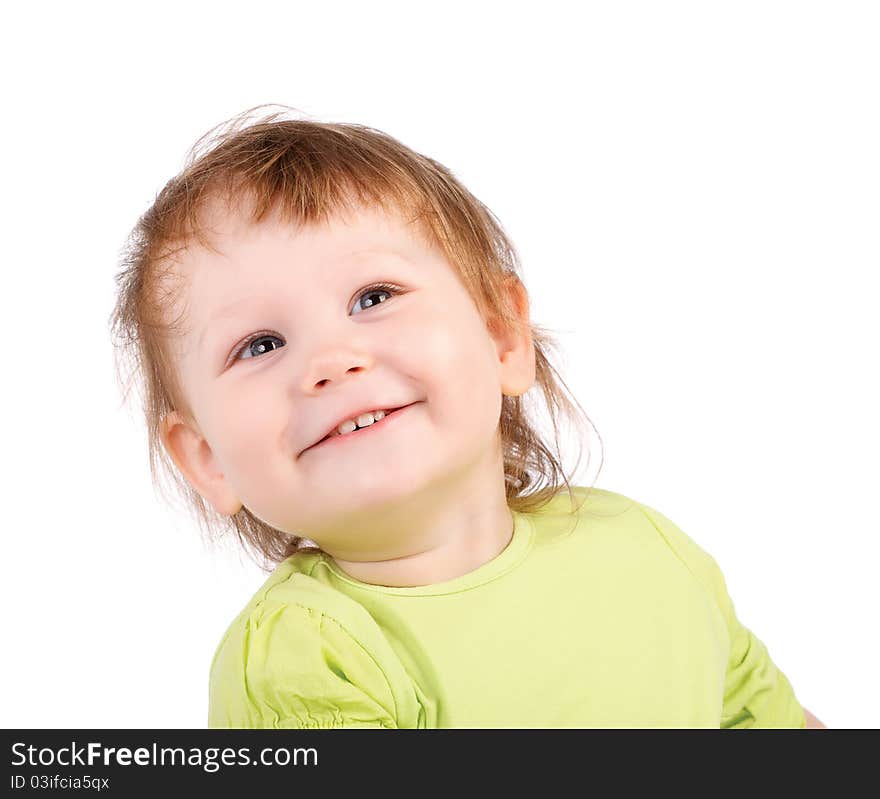 Smiling baby girl showing teeth isolated