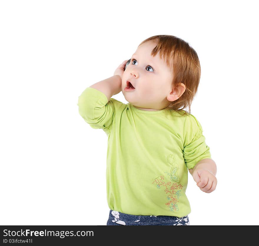 Surprised little girl with phone isolated