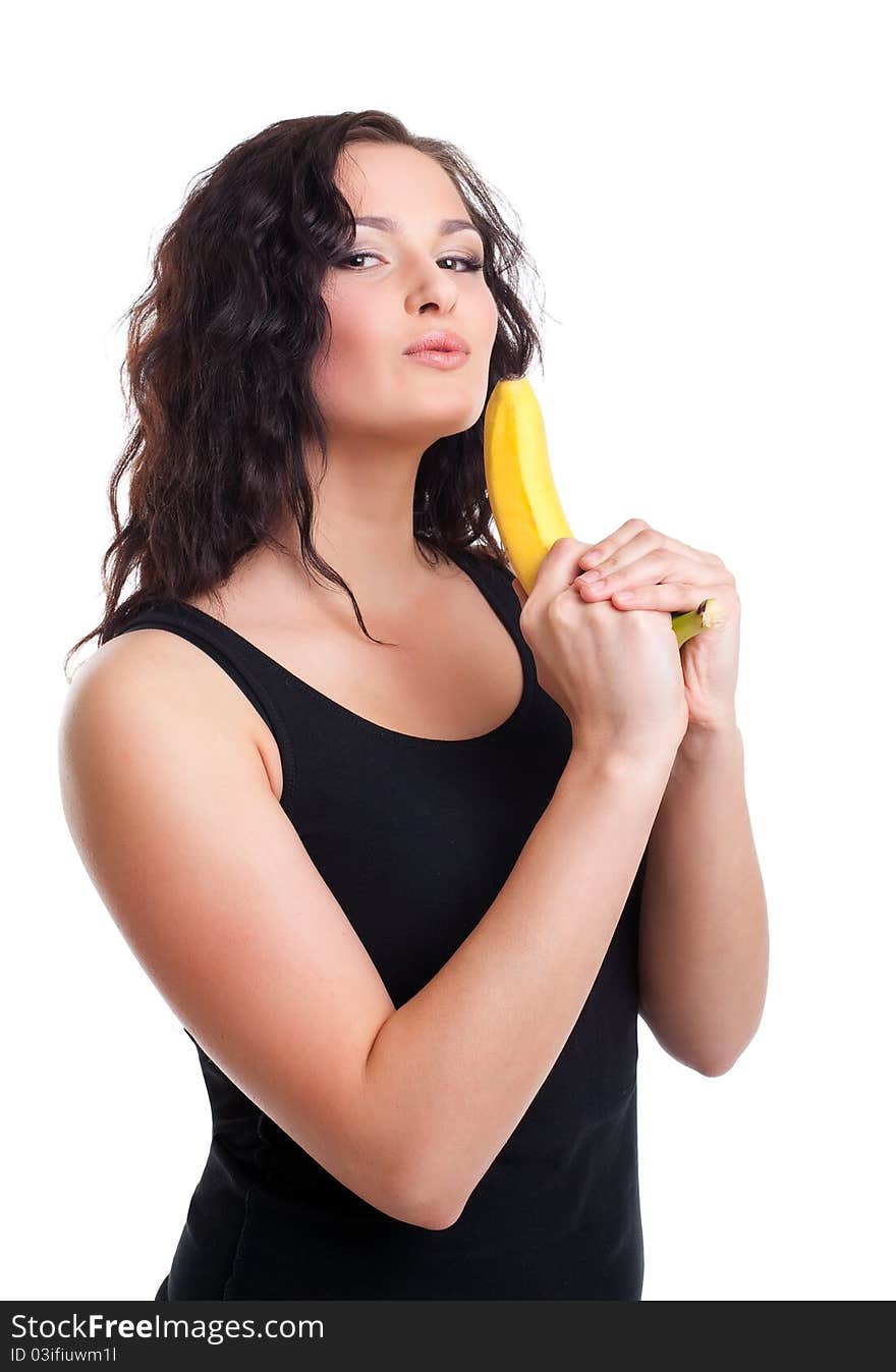 Woman with fruit gun look at camera