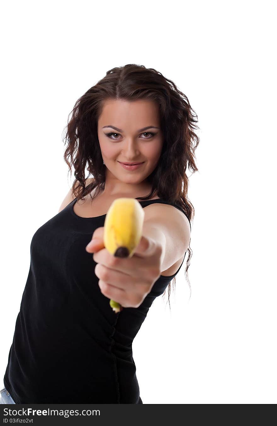 Young woman shoot with banana gun