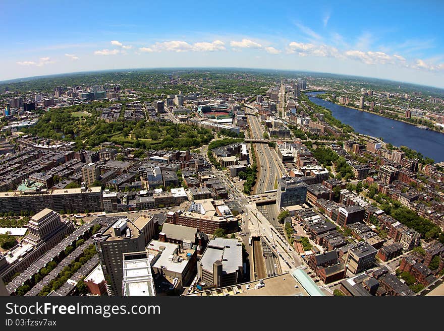 Aerial view of Boston in Massachusetts in the summer.