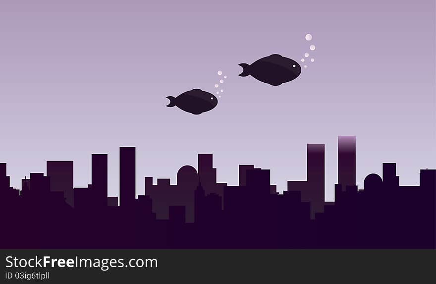 Illustration of city skyline with futuristic elements