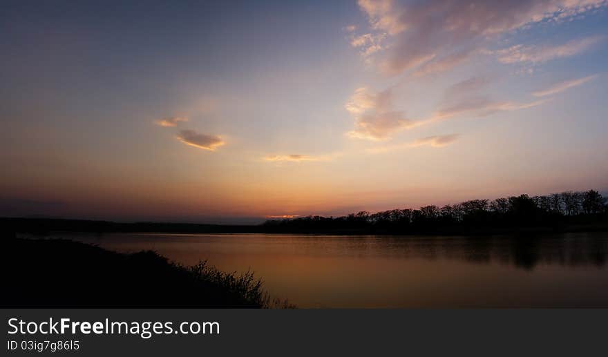 Panorama Of Sunset At The Lake