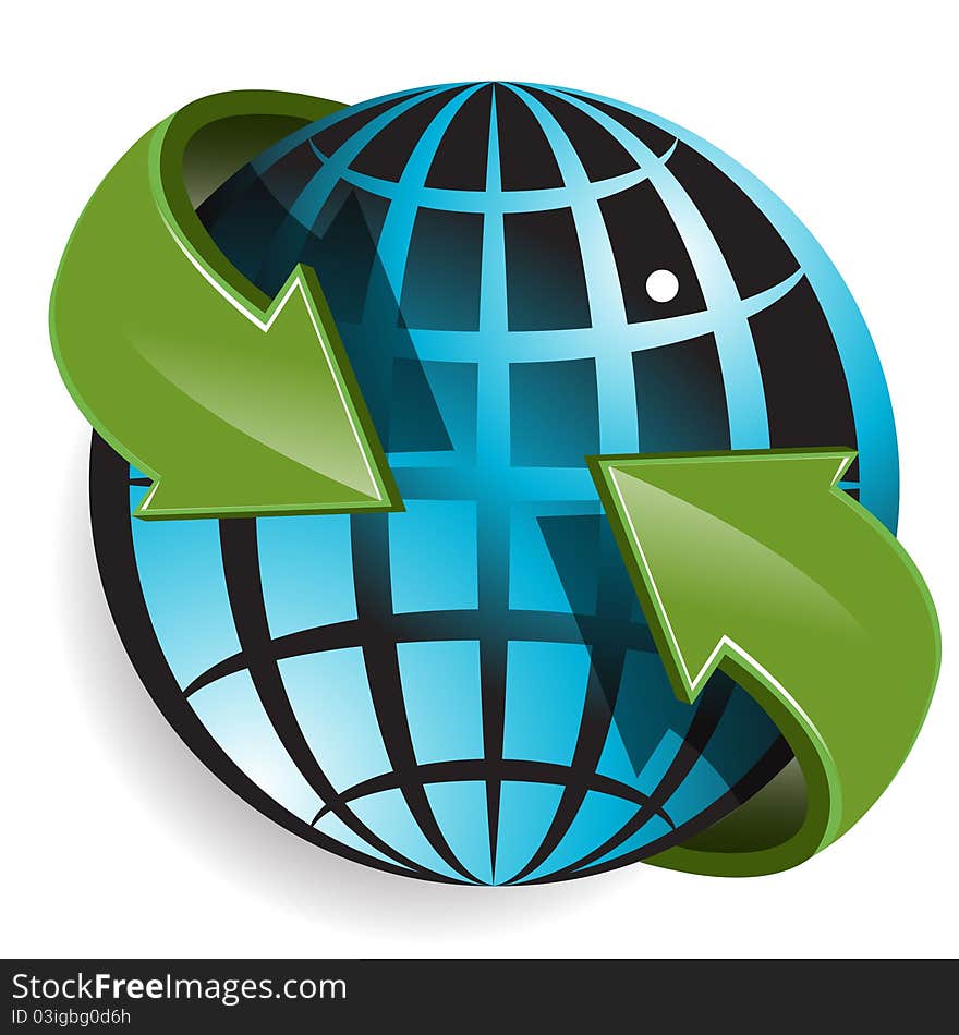 Illustration, abstract blue globe with green arrow. Illustration, abstract blue globe with green arrow