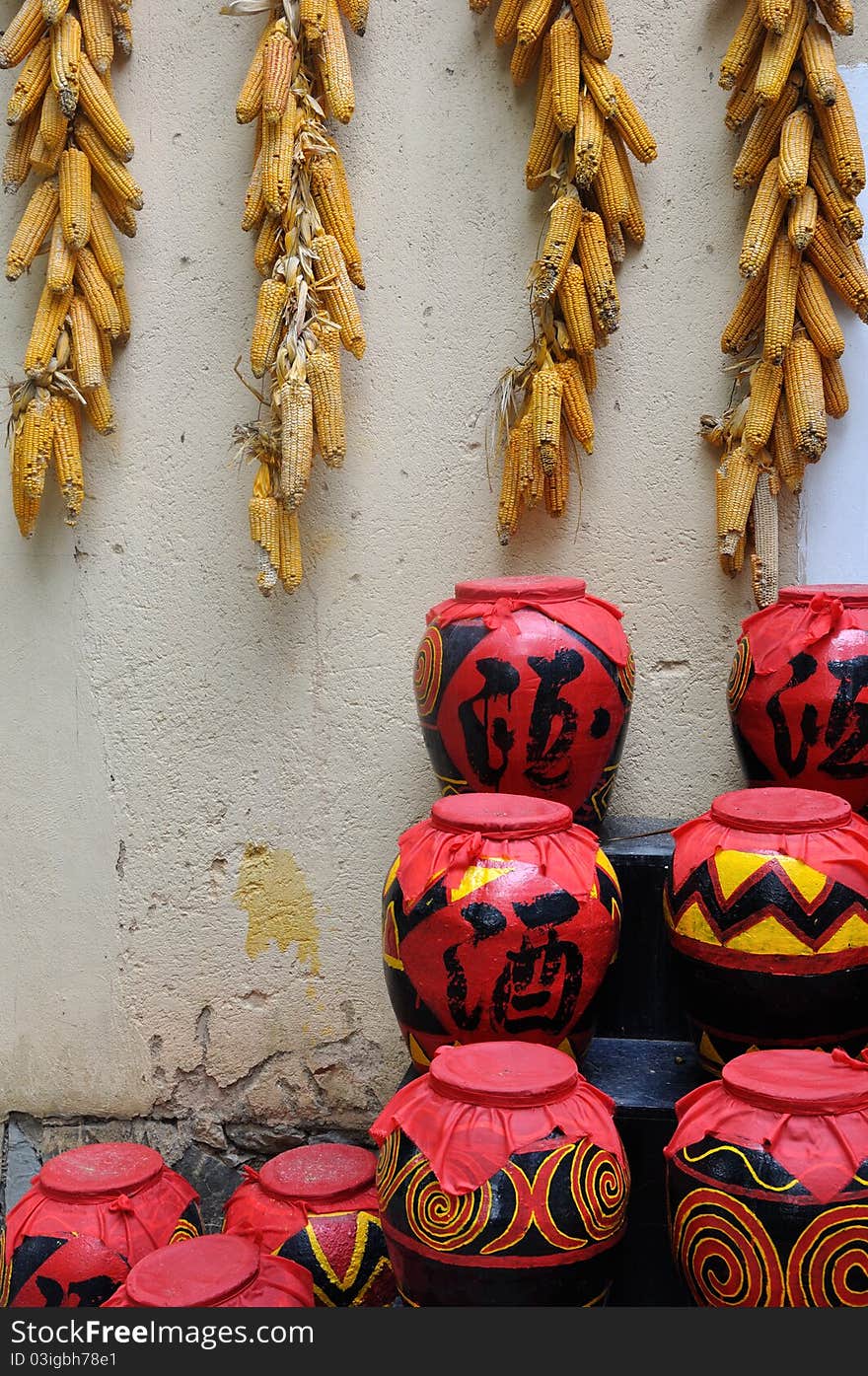 Chinese style drink pot and corn in countryside