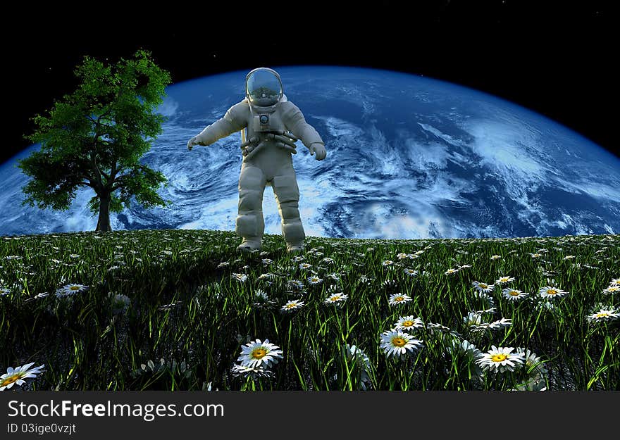 Astronaut on the grass against the sky