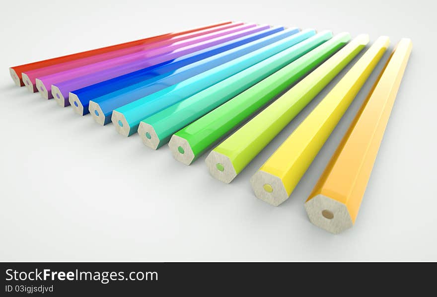 An array of colored 3D pencils pointing away from camera. An array of colored 3D pencils pointing away from camera