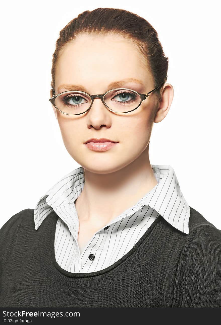 Young beautiful woman in glasses on white background