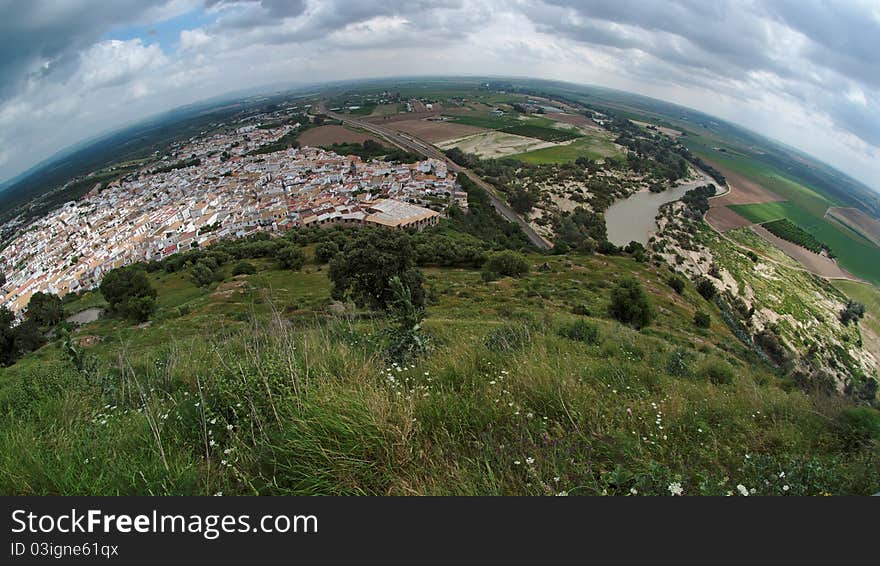 Andalusian town Almodovar del Rio fisheye view. Andalusian town Almodovar del Rio fisheye view