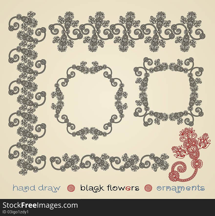 Hand draw black flowers ornaments and frame