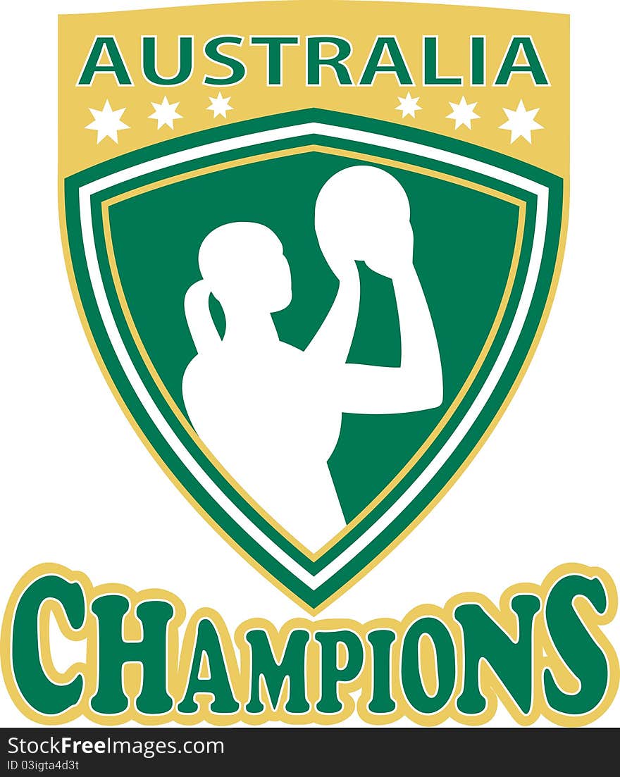 Illustration of a netball player with ball set inside shield with word Australia Champions. Illustration of a netball player with ball set inside shield with word Australia Champions