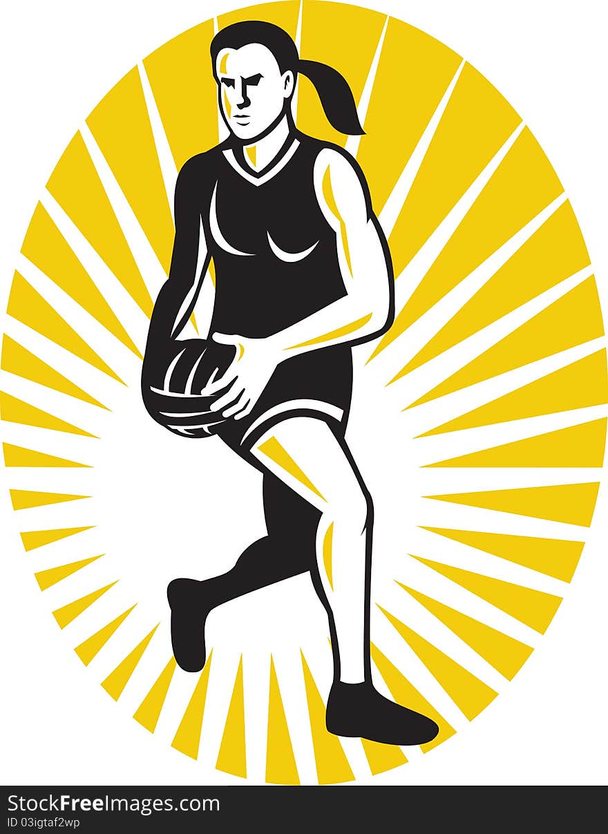 Illustration of a netball player running with the ball set inside oval done in retro style