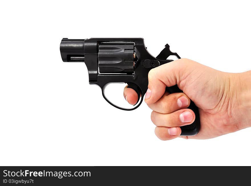 Revolver in his hand on a white background. Revolver in his hand on a white background