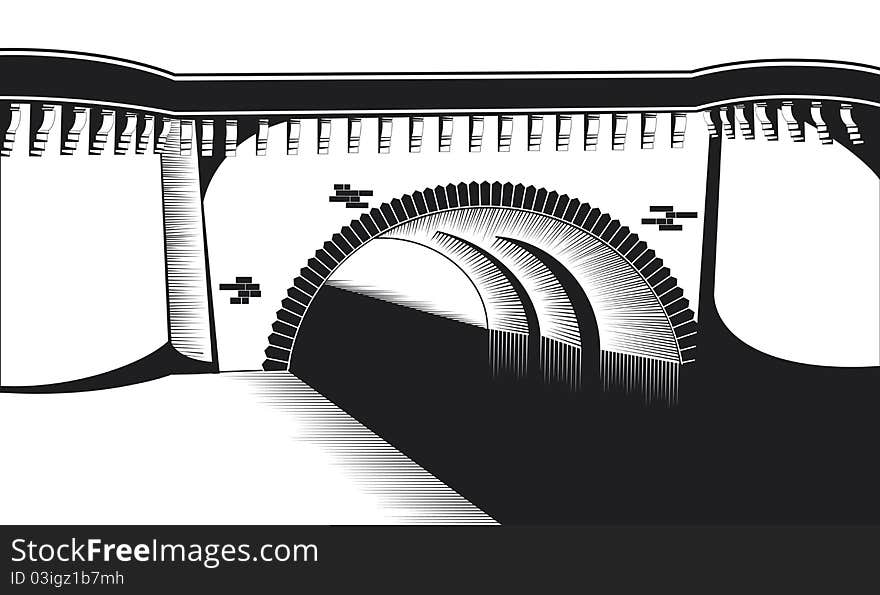 Black and white bridge with river, painted with ink style. Black and white bridge with river, painted with ink style